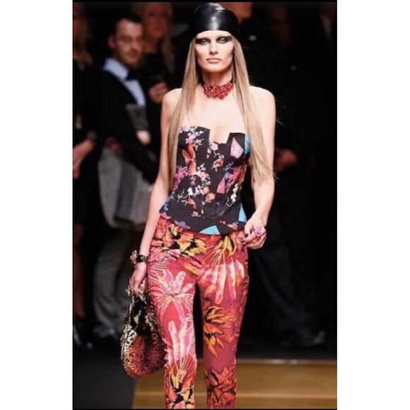 Versace for H&M Limited Edition Rare Red Pink Palm Trees Zip Ankle Skinny Pant 4 - Picture 1 of 7